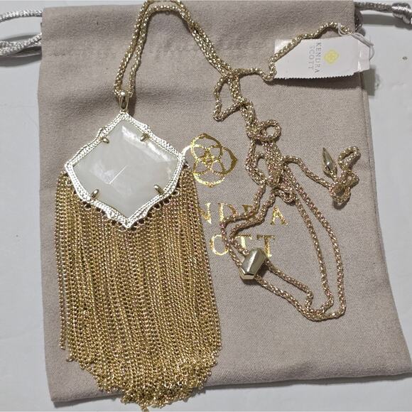 Kendra Scott White Banded Agate Kingston Tassel Fringe Boho Gold Plated Necklace - Picture 5 of 9